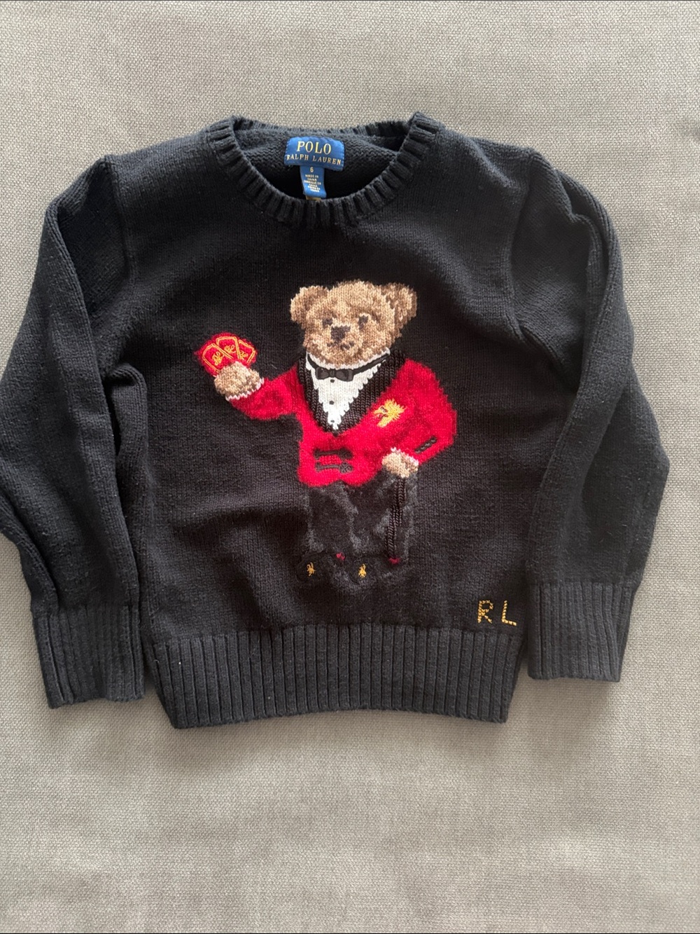 Polo by Ralph Lauren Black Crewneck Sweater with Red Bear Intarsia